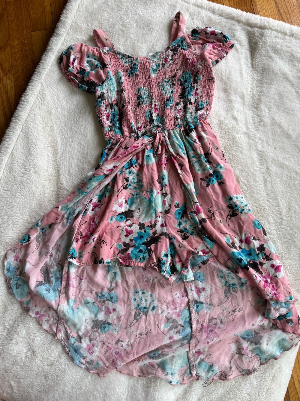 Justice Pink Floral Smocked Top With Aqua Accents